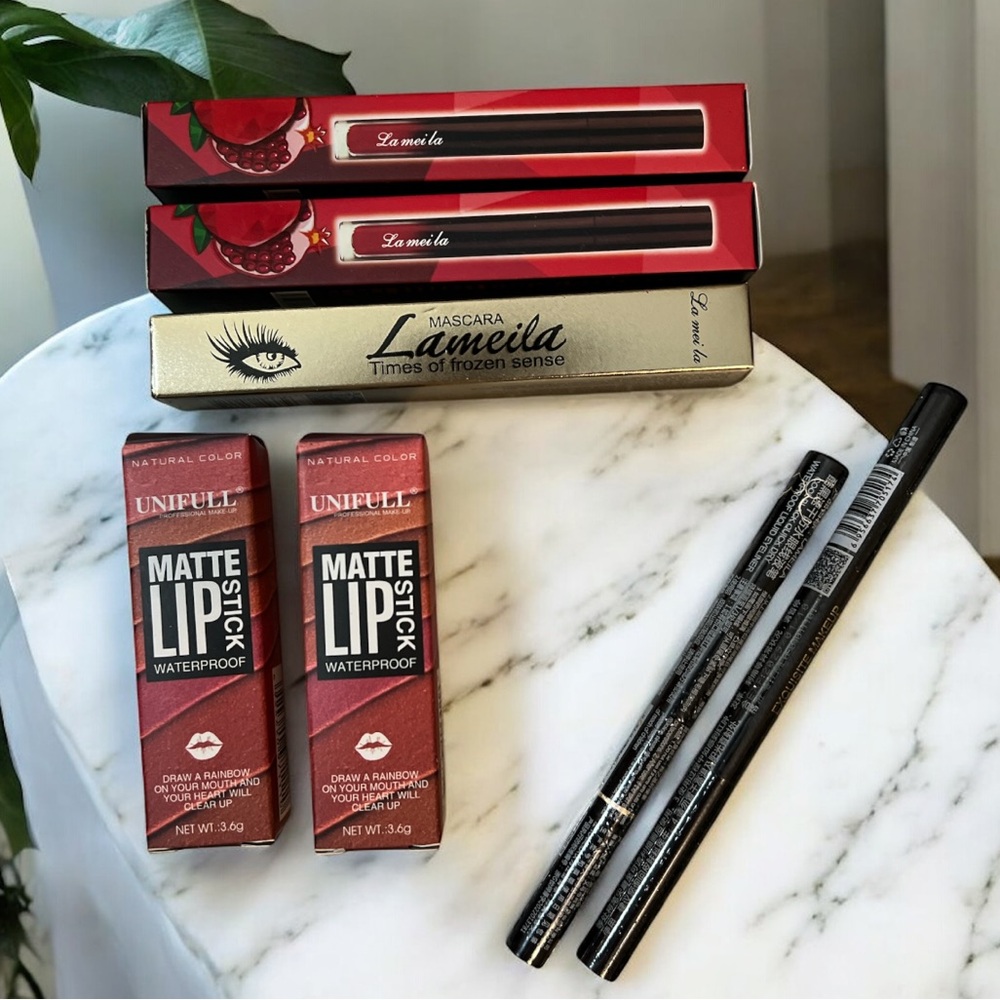 Lot of 7 New Makeup Items Lameila Mascara Eyeliner Unifull‎ Matte Lipstick
